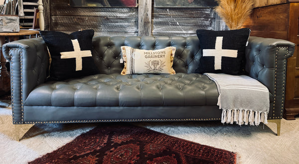 Modern Chesterfield Tufted Leather Sofa with Gold Nailhead & Leg Accents