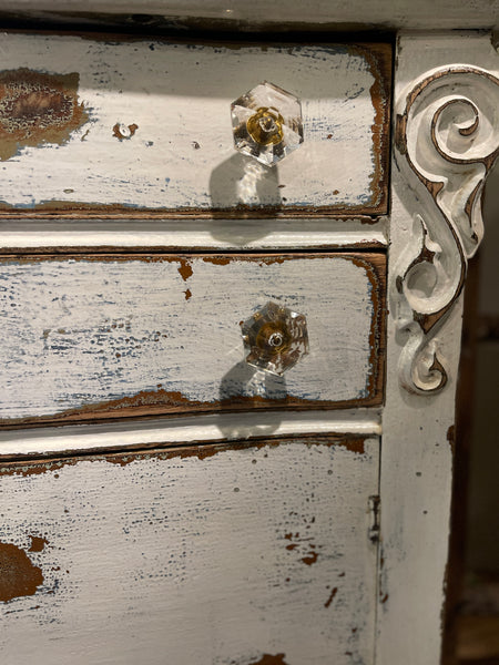 Farmhouse Heirloom Cabinet in Weathered Lime-wash Finish – Glass Knobs & Scrolled Detail