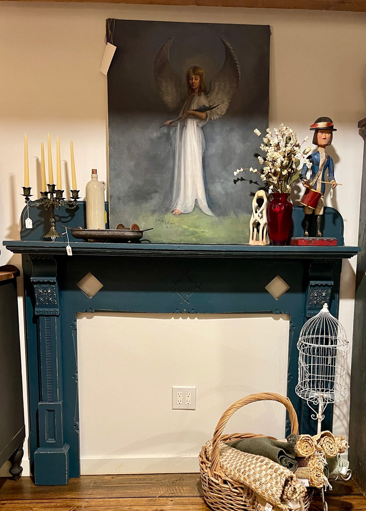 Antique Eastlake Fireplace Mantel Surround – Painted Blue Victorian Wood Mantel
