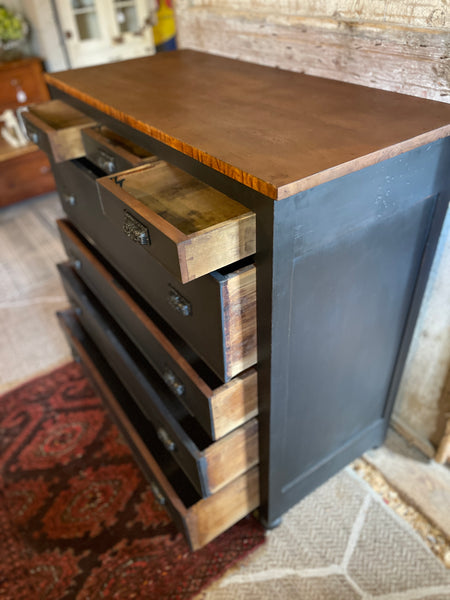 Scorched Charcoal Mahogany Dresser with Blanket Chest & Apothecary Drawers