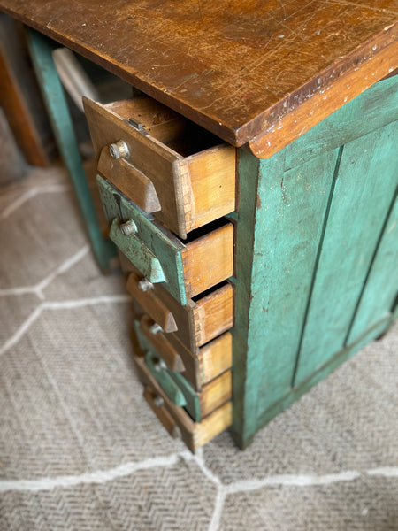 Antique Adjustable Drafting Table with Locking Drawers & Storage Cabinet – Green Patina Finish