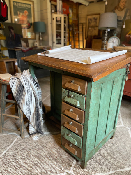 Antique Adjustable Drafting Table with Locking Drawers & Storage Cabinet – Green Patina Finish