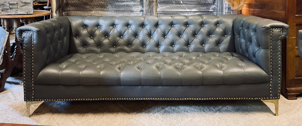 Modern Chesterfield Tufted Leather Sofa with Gold Nailhead & Leg Accents
