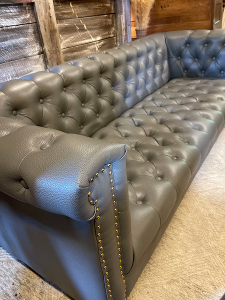 Modern Chesterfield Tufted Leather Sofa with Gold Nailhead & Leg Accents