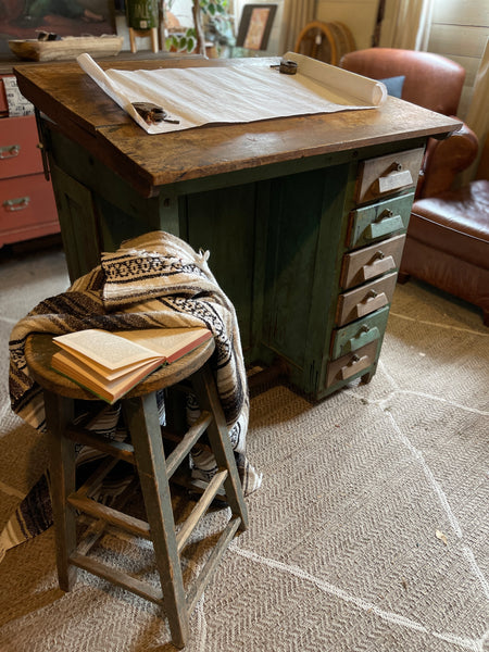 Antique Adjustable Drafting Table with Locking Drawers & Storage Cabinet – Green Patina Finish