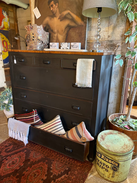 Scorched Charcoal Mahogany Dresser with Blanket Chest & Apothecary Drawers
