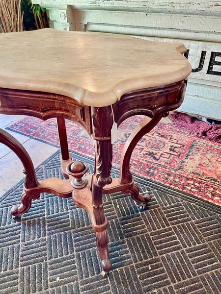 Victorian Marble-Top Accent Table with Ornate Carved Base, c. 19th Century