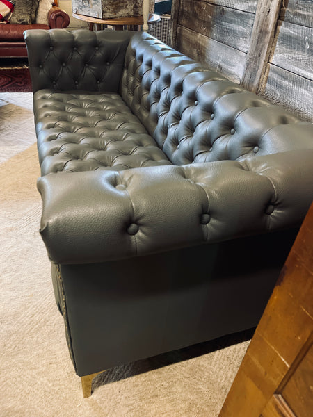 Modern Chesterfield Tufted Leather Sofa with Gold Nailhead & Leg Accents