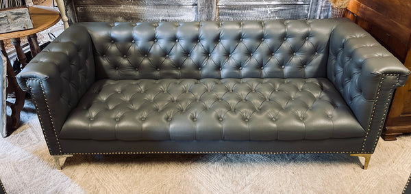Modern Chesterfield Tufted Leather Sofa with Gold Nailhead & Leg Accents