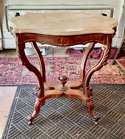 Victorian Marble-Top Accent Table with Ornate Carved Base, c. 19th Century