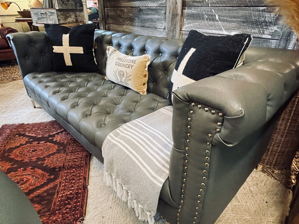 Modern Chesterfield Tufted Leather Sofa with Gold Nailhead & Leg Accents