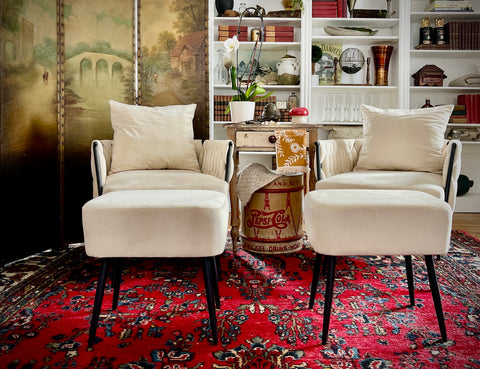 New - Off-White Velvet Chair and Ottoman Set