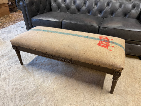 Handcrafted Burlap Coffee Table Ottoman with Distressed Carved Wood Base