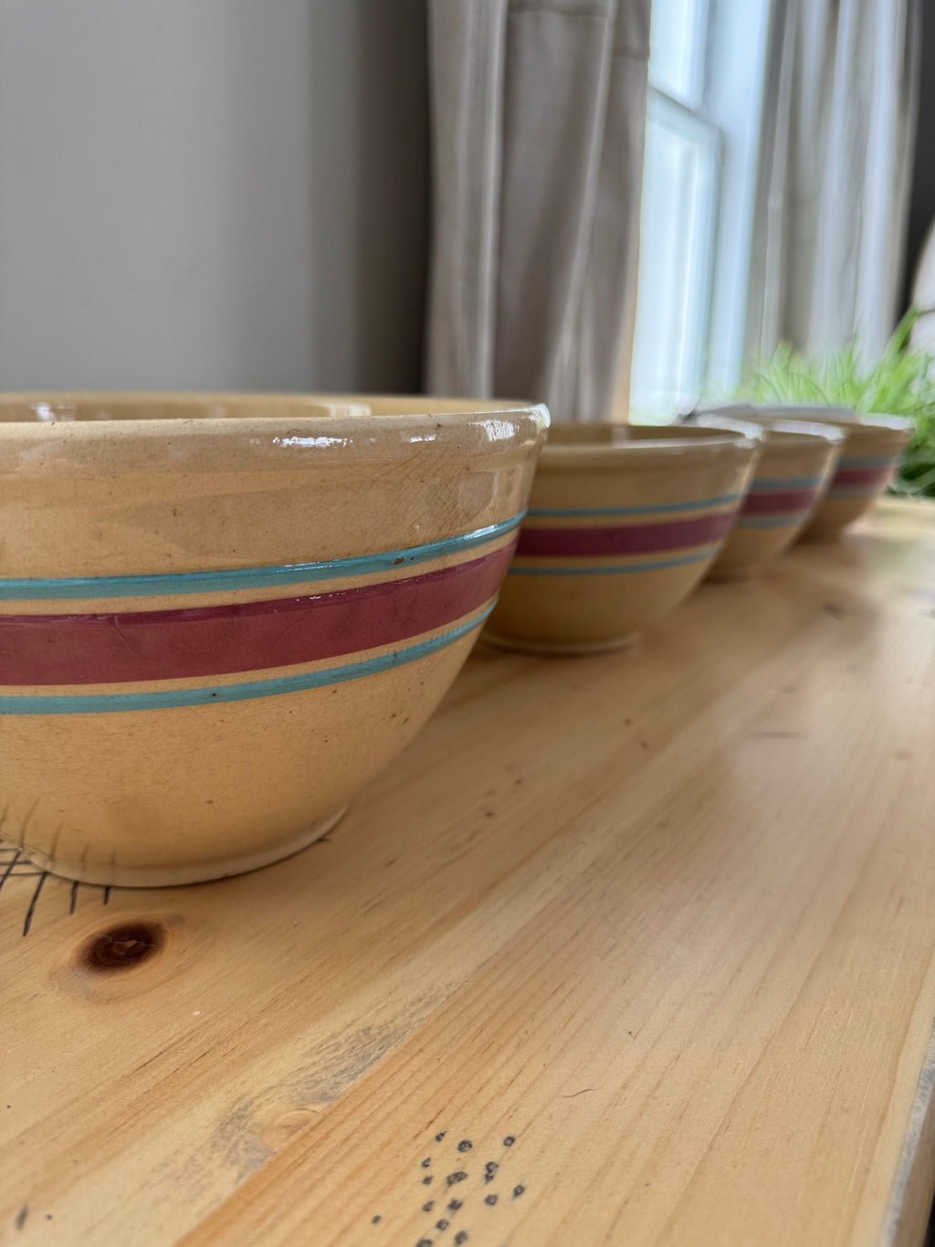 WATT Farmhouse Mixing Bowl Yellow Ware Bowl Blue Pink Stripes Yellowware Pottery Set