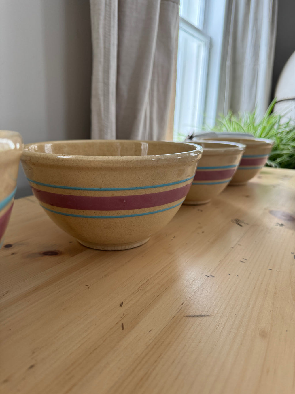WATT Farmhouse Mixing Bowl Yellow Ware Bowl Blue Pink Stripes Yellowware Pottery Set
