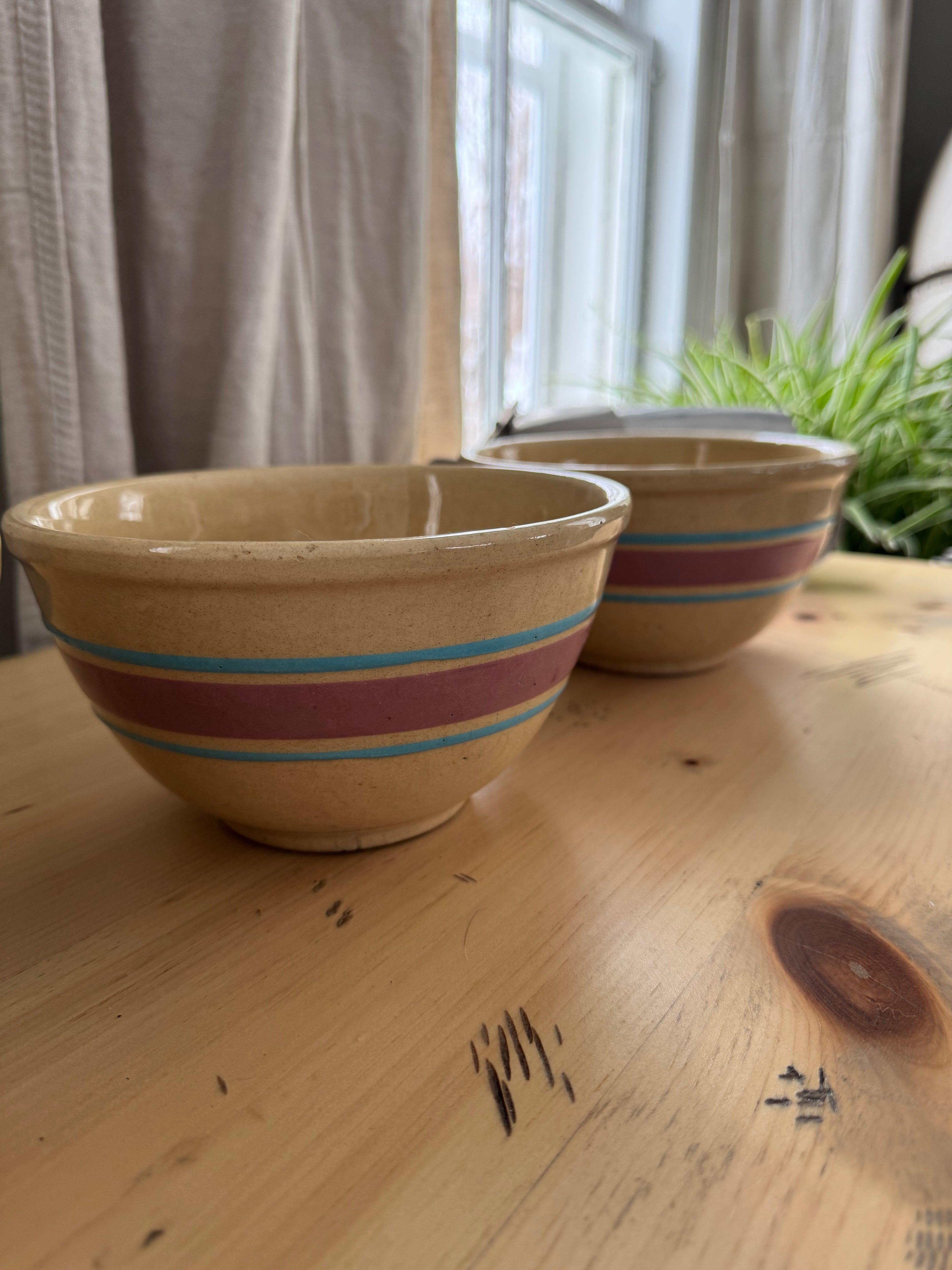 WATT Farmhouse Mixing Bowl Yellow Ware Bowl Blue Pink Stripes Yellowware Pottery Set