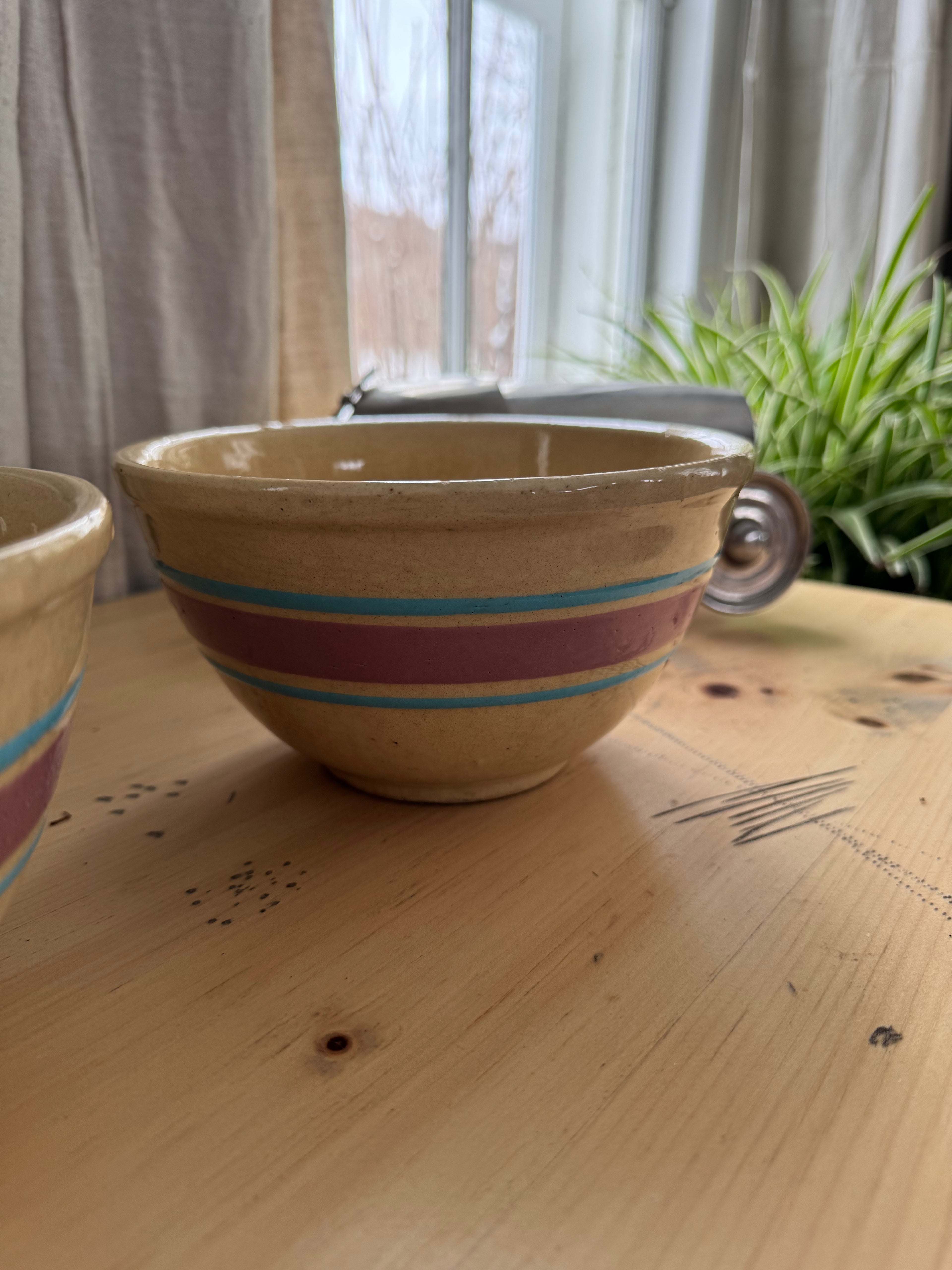 WATT Farmhouse Mixing Bowl Yellow Ware Bowl Blue Pink Stripes Yellowware Pottery Set
