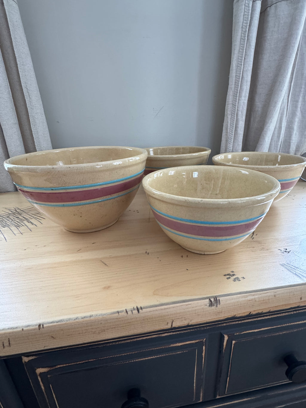 WATT Farmhouse Mixing Bowl Yellow Ware Bowl Blue Pink Stripes Yellowware Pottery Set