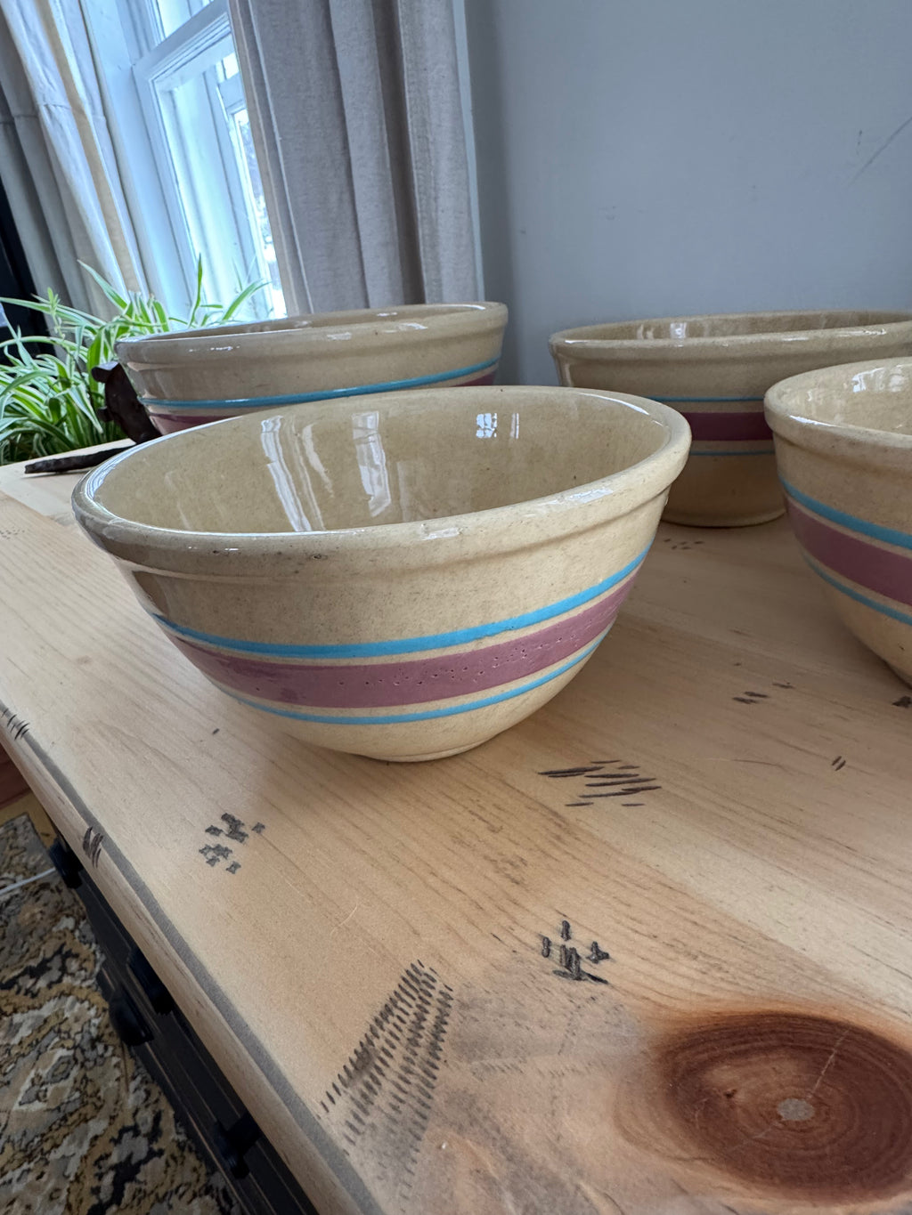 WATT Farmhouse Mixing Bowl Yellow Ware Bowl Blue Pink Stripes Yellowware Pottery Set