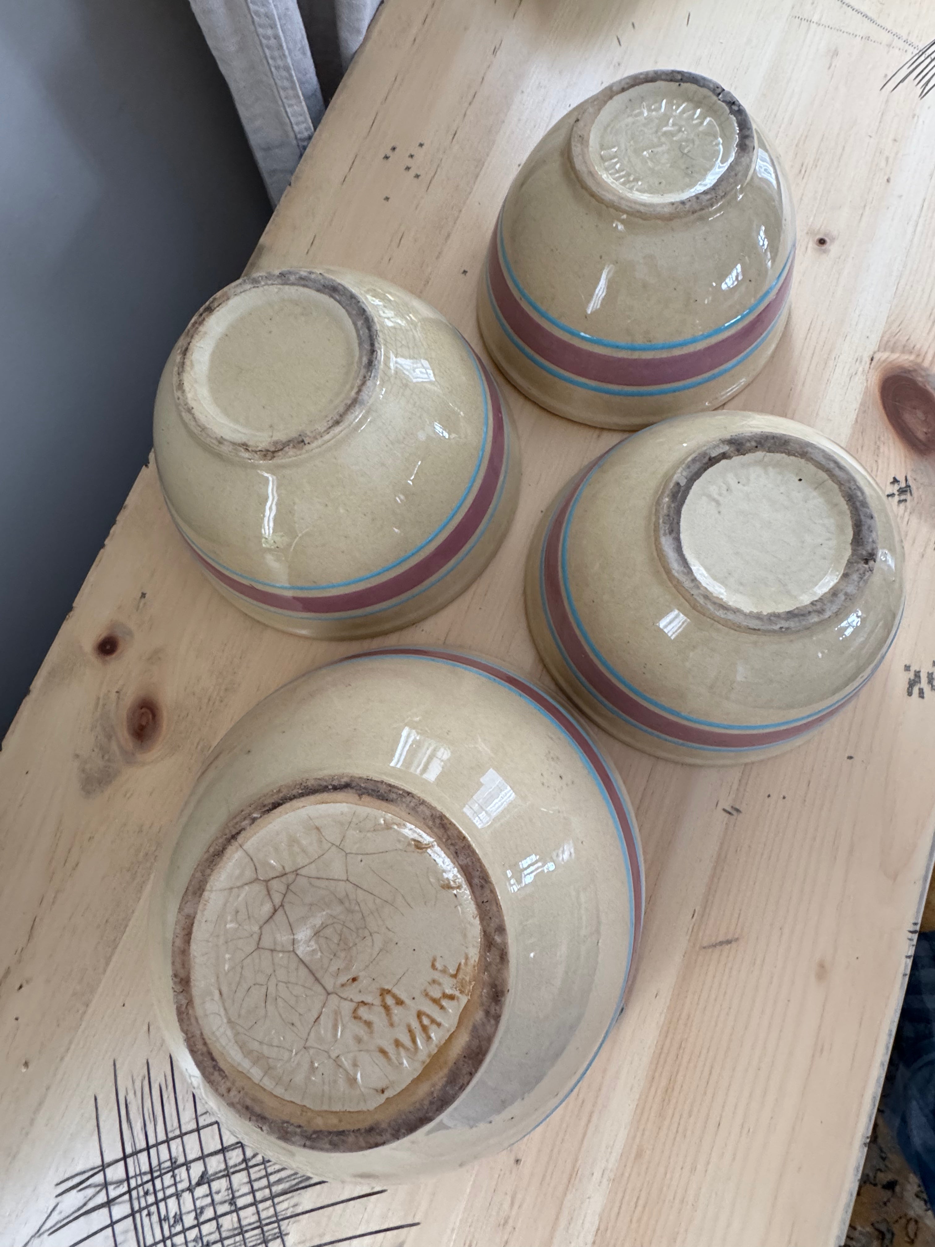 WATT Farmhouse Mixing Bowl Yellow Ware Bowl Blue Pink Stripes Yellowware Pottery Set