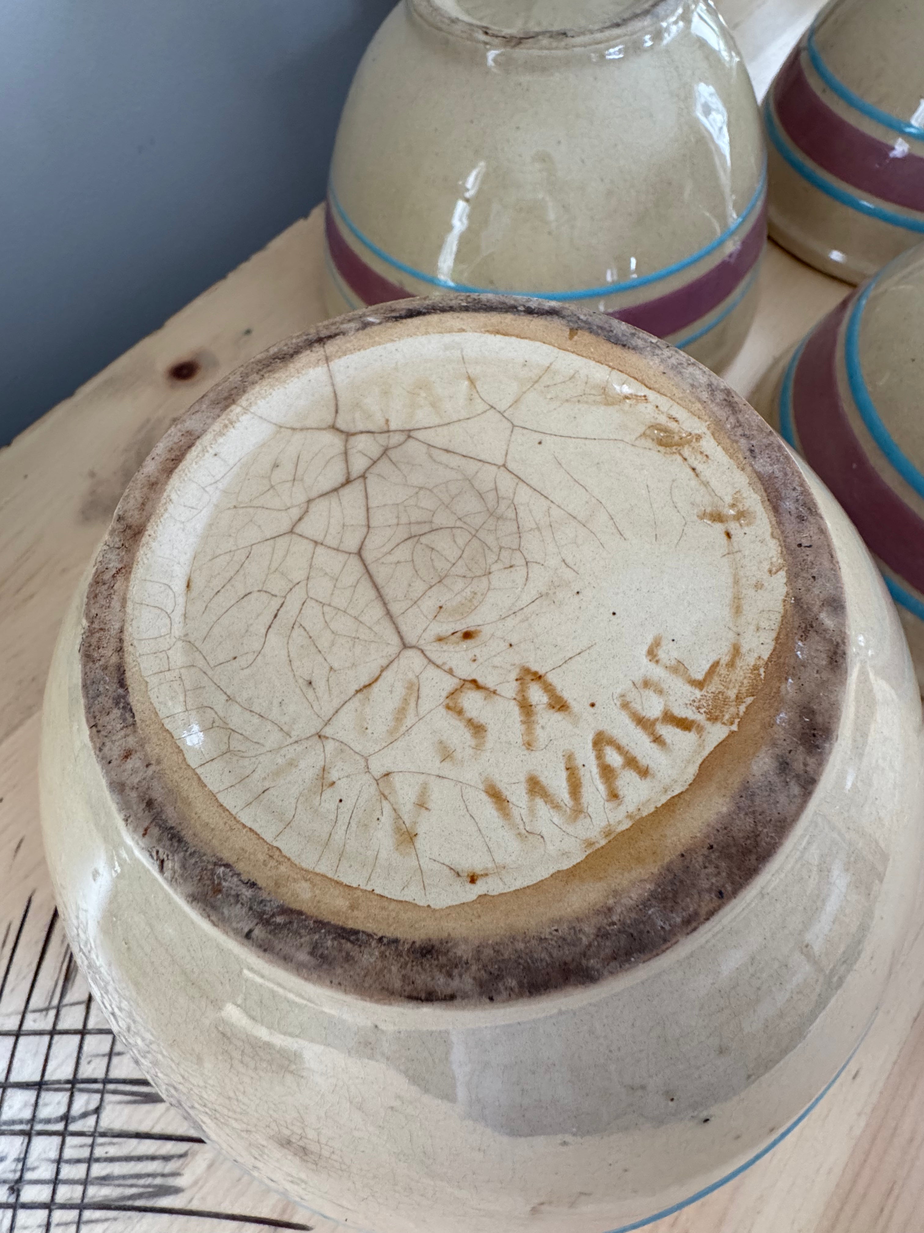 WATT Farmhouse Mixing Bowl Yellow Ware Bowl Blue Pink Stripes Yellowware Pottery Set