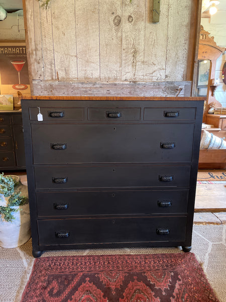 Scorched Charcoal Mahogany Dresser with Blanket Chest & Apothecary Drawers