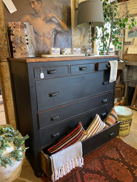 Scorched Charcoal Mahogany Dresser with Blanket Chest & Apothecary Drawers