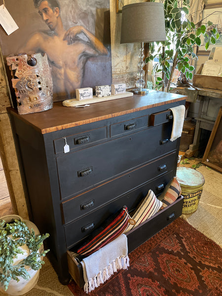Scorched Charcoal Mahogany Dresser with Blanket Chest & Apothecary Drawers