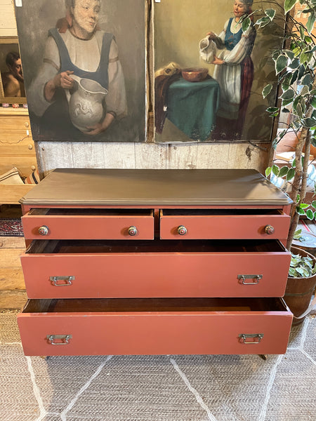 Antique Crimson Dresser with Farmhouse Charm – 4 Drawers, Original Casters