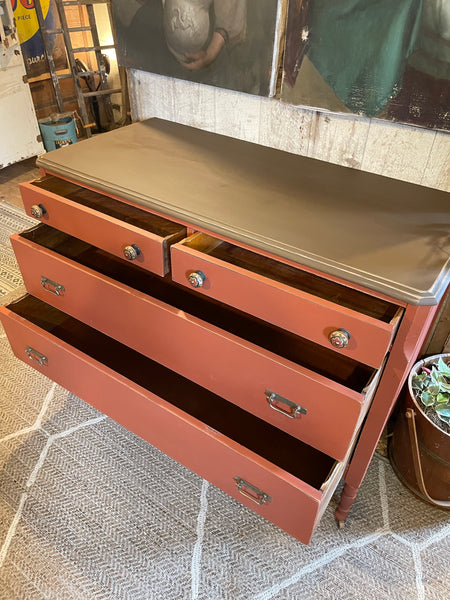 Antique Crimson Dresser with Farmhouse Charm – 4 Drawers, Original Casters