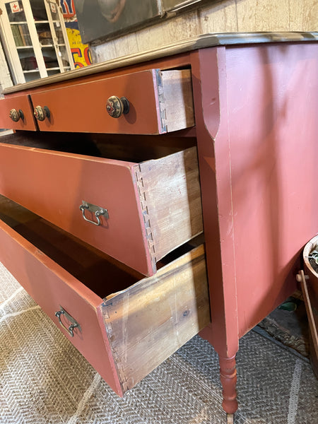 Antique Crimson Dresser with Farmhouse Charm – 4 Drawers, Original Casters