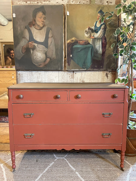 Antique Crimson Dresser with Farmhouse Charm – 4 Drawers, Original Casters