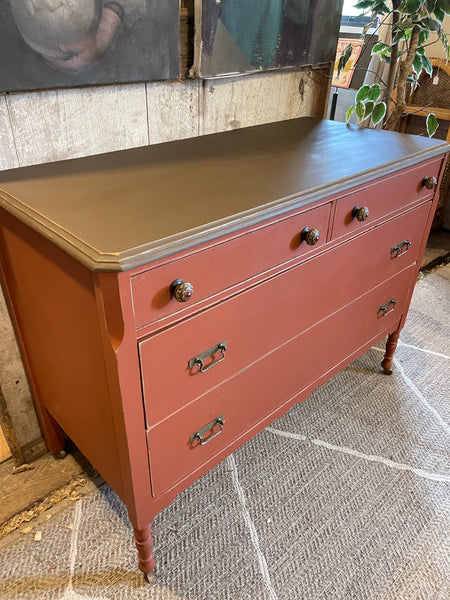 Antique Crimson Dresser with Farmhouse Charm – 4 Drawers, Original Casters