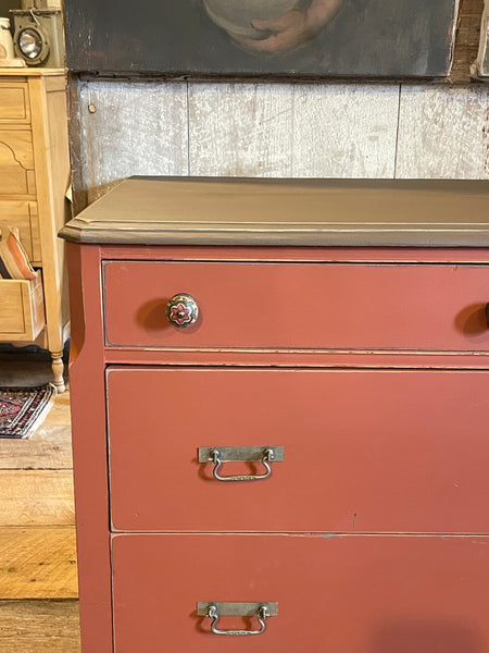 Antique Crimson Dresser with Farmhouse Charm – 4 Drawers, Original Casters