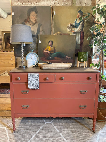 Antique Crimson Dresser with Farmhouse Charm – 4 Drawers, Original Casters