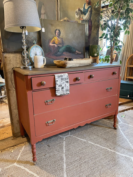 Antique Crimson Dresser with Farmhouse Charm – 4 Drawers, Original Casters