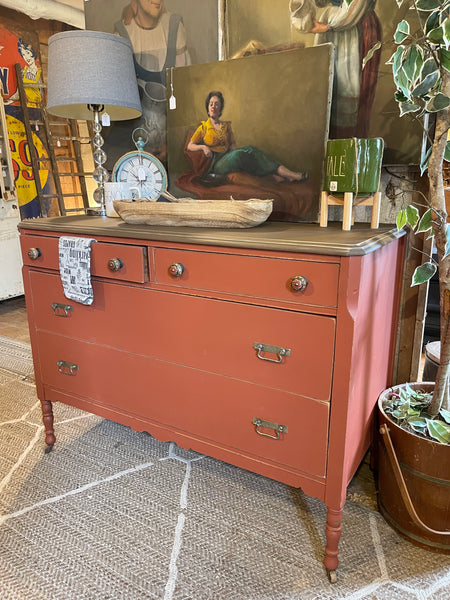Antique Crimson Dresser with Farmhouse Charm – 4 Drawers, Original Casters