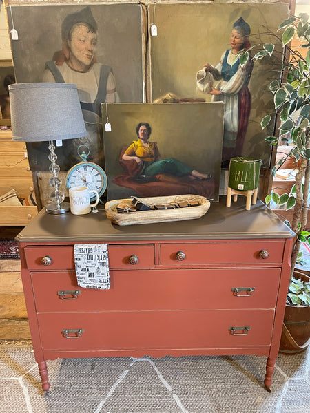 Antique Crimson Dresser with Farmhouse Charm – 4 Drawers, Original Casters