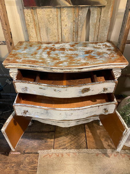 Farmhouse Heirloom Cabinet in Weathered Lime-wash Finish – Glass Knobs & Scrolled Detail