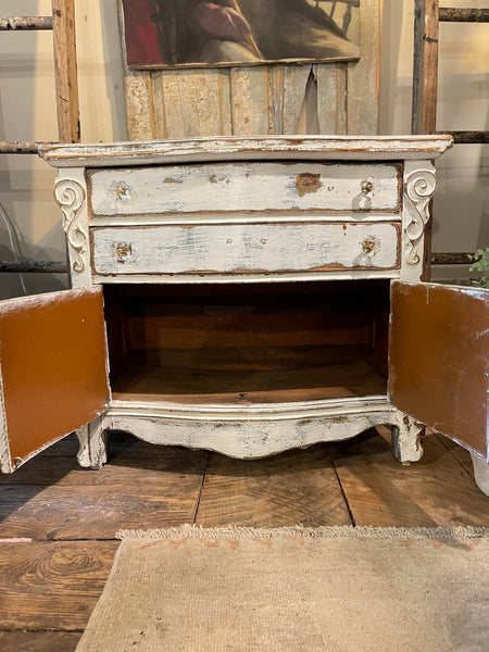 Farmhouse Heirloom Cabinet in Weathered Lime-wash Finish – Glass Knobs & Scrolled Detail