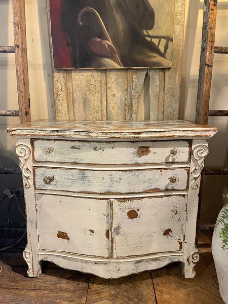 Farmhouse Heirloom Cabinet in Weathered Lime-wash Finish – Glass Knobs & Scrolled Detail