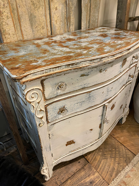 Farmhouse Heirloom Cabinet in Weathered Lime-wash Finish – Glass Knobs & Scrolled Detail