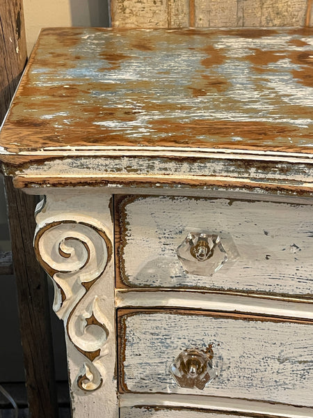 Farmhouse Heirloom Cabinet in Weathered Lime-wash Finish – Glass Knobs & Scrolled Detail