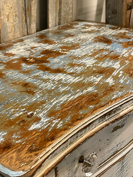 Farmhouse Heirloom Cabinet in Weathered Lime-wash Finish – Glass Knobs & Scrolled Detail