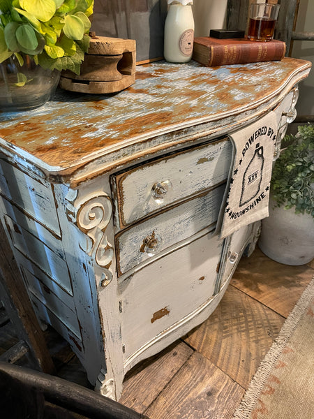 Farmhouse Heirloom Cabinet in Weathered Lime-wash Finish – Glass Knobs & Scrolled Detail