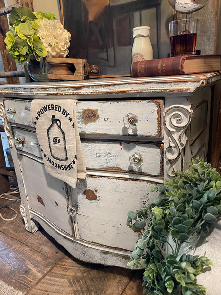 Farmhouse Heirloom Cabinet in Weathered Lime-wash Finish – Glass Knobs & Scrolled Detail