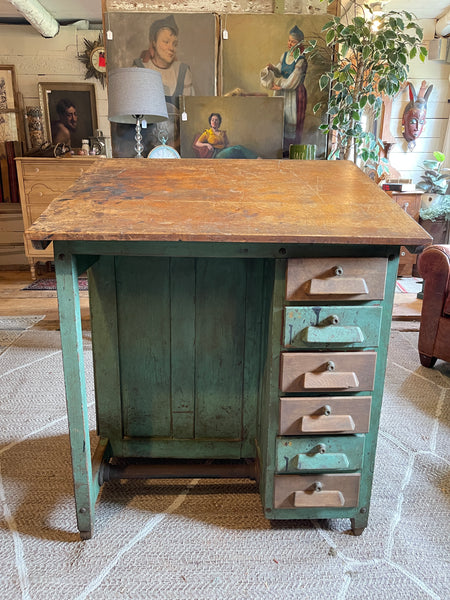 Antique Adjustable Drafting Table with Locking Drawers & Storage Cabinet – Green Patina Finish