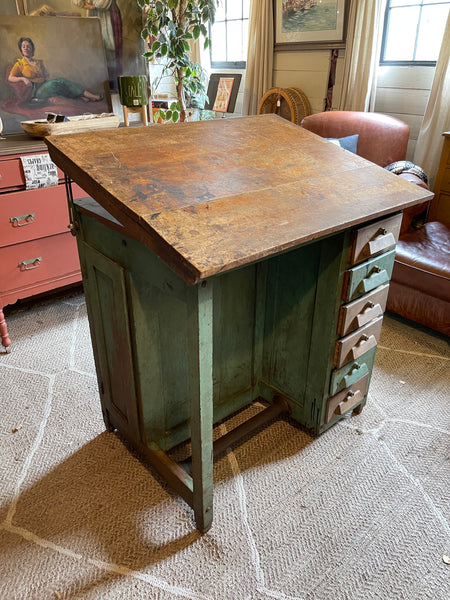 Antique Adjustable Drafting Table with Locking Drawers & Storage Cabinet – Green Patina Finish