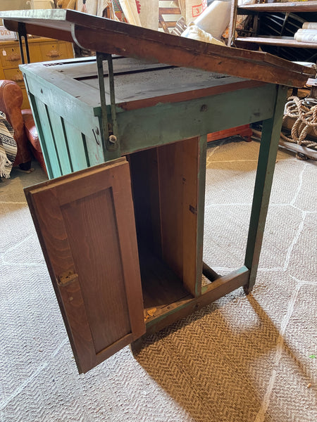 Antique Adjustable Drafting Table with Locking Drawers & Storage Cabinet – Green Patina Finish