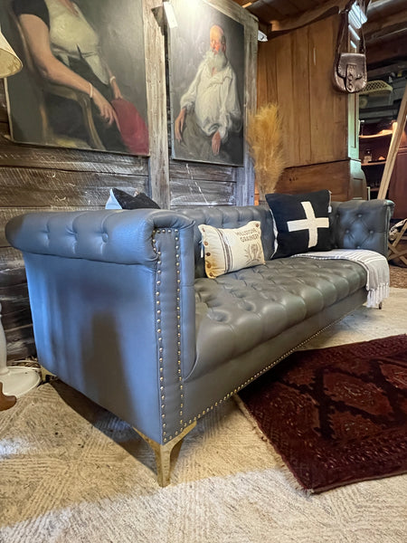 Modern Chesterfield Tufted Leather Sofa with Gold Nailhead & Leg Accents
